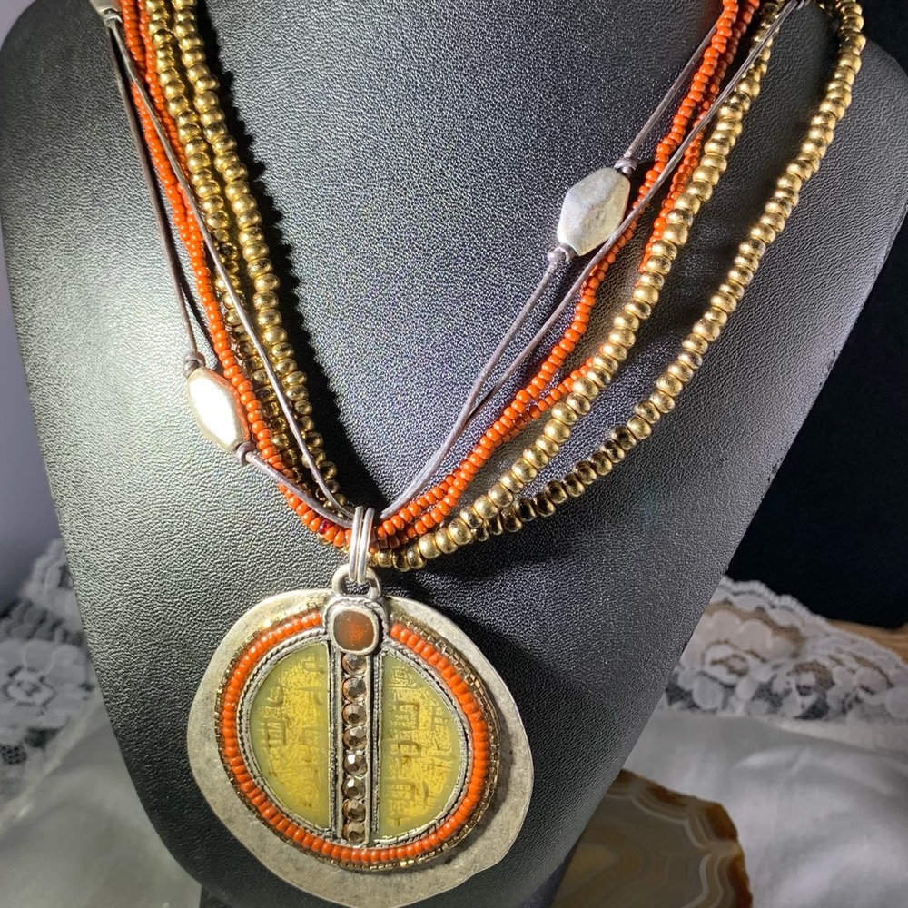 Chico's Red Rust and Gold Multi Strand Rhinestone Pendant Necklace